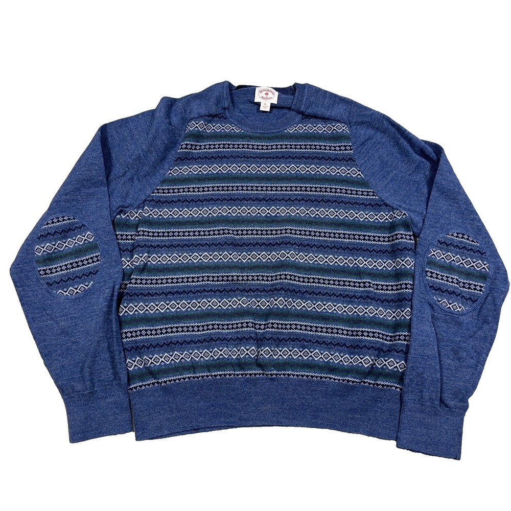 Brooks Brothers Sweater Men XL Blue Crewneck Grandpa Nordic Elbow Pad Cotton